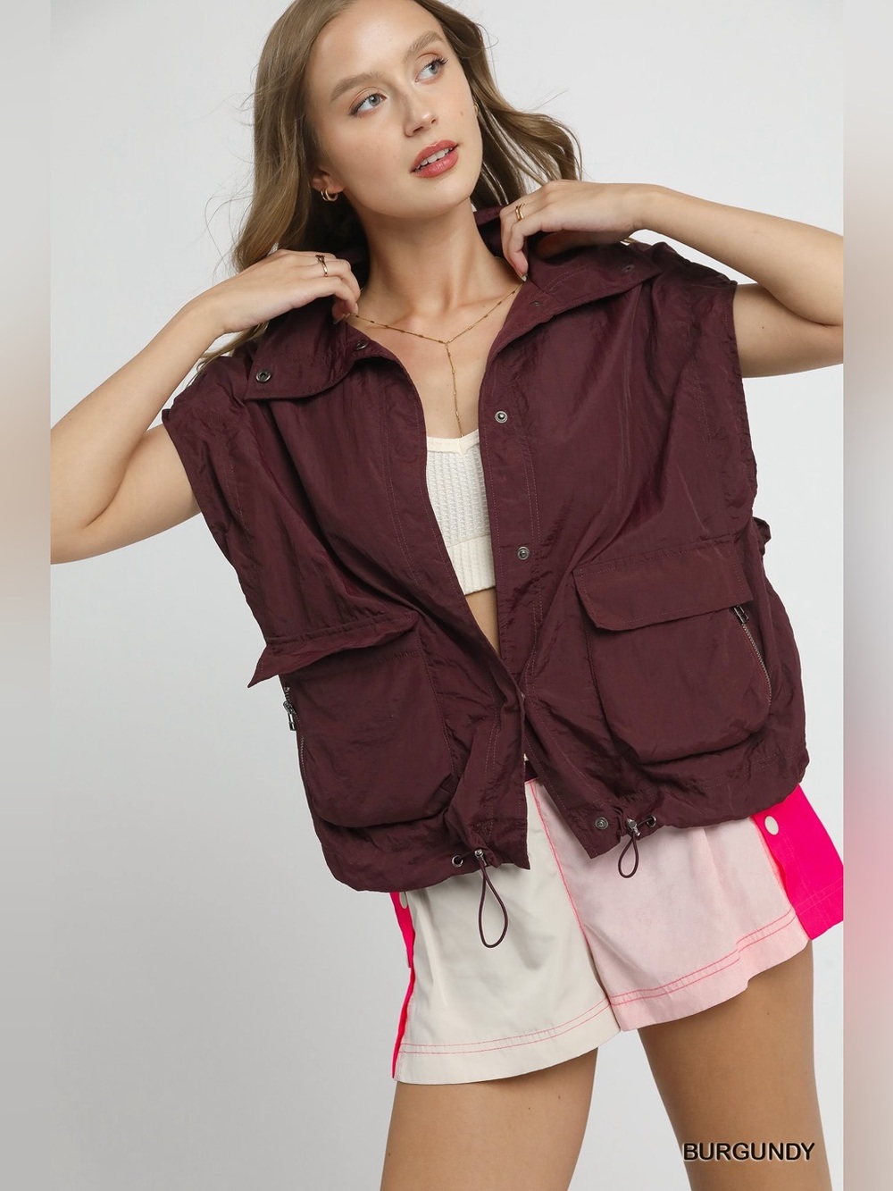 Umgee Drawstring Hem Nylon Vest with Pockets